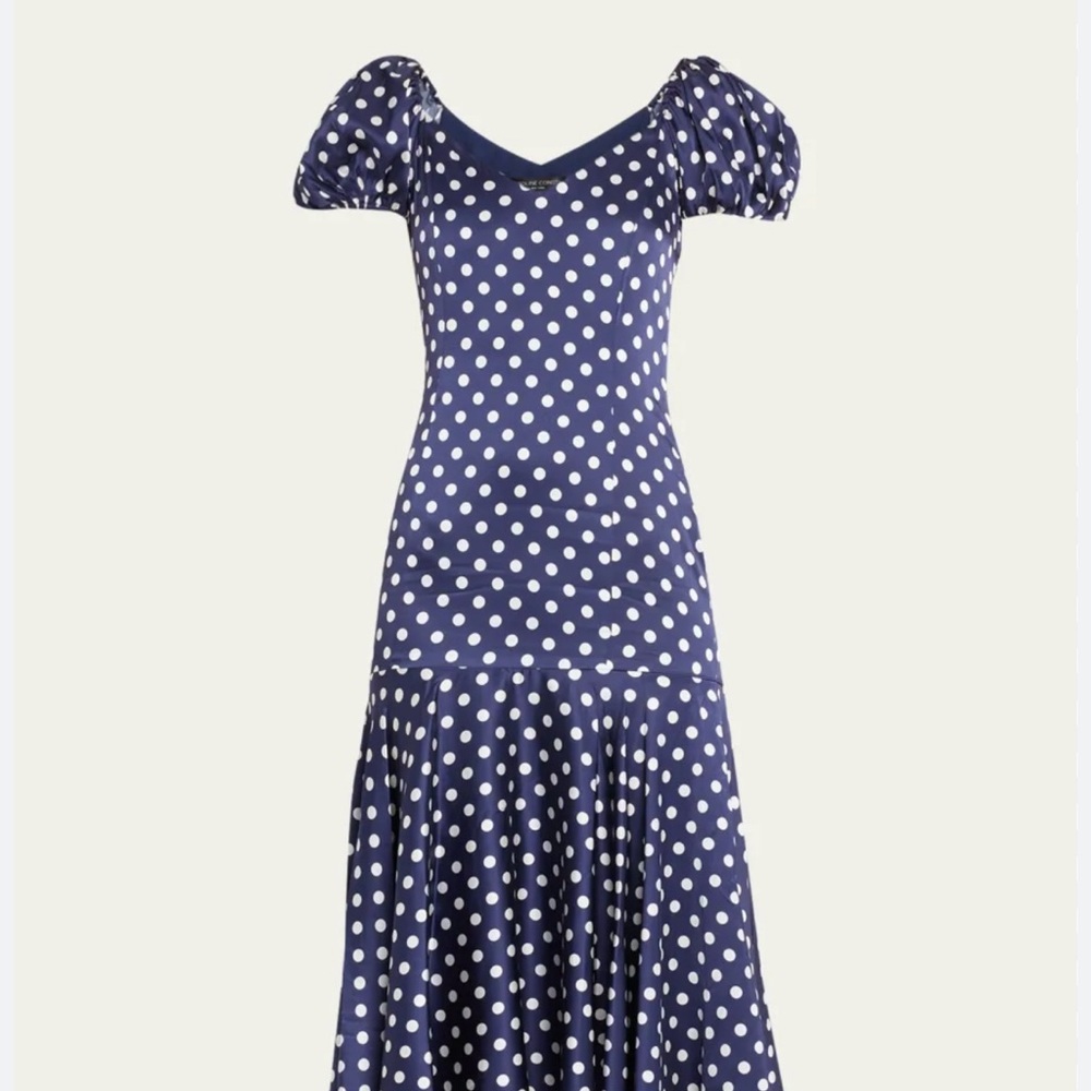NWT Caroline Constas Navy and White Polka Dot Midi Dress, XXS